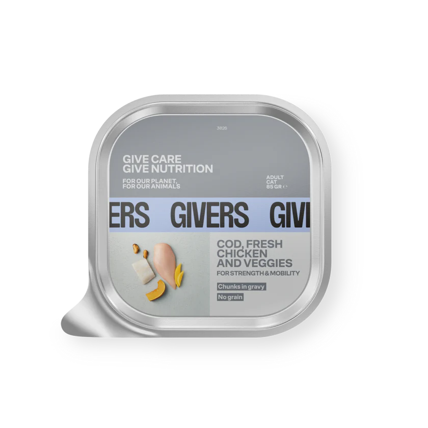 Givers Trocitos en Salsa Para Gato Adulto de Bacalao, Pollo Fresco y Vegetales 85g
